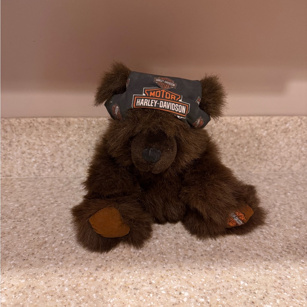 Vintage Harley-Davidson Brown Plush Bear with Black and Orange Bandana From 2000